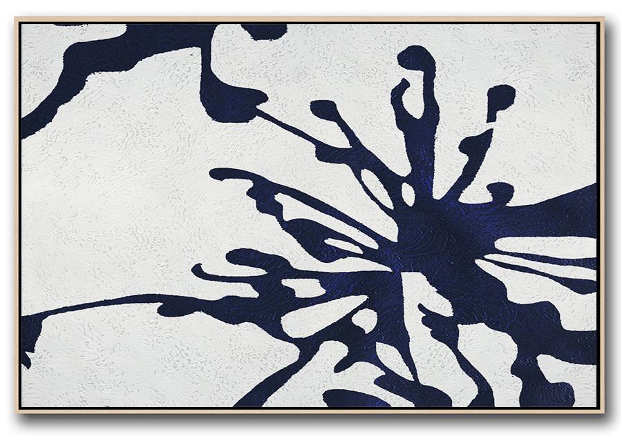 Horizontal Abstract Painting Navy Blue Minimalist Painting On Canvas - Abstract Visual Art Huge